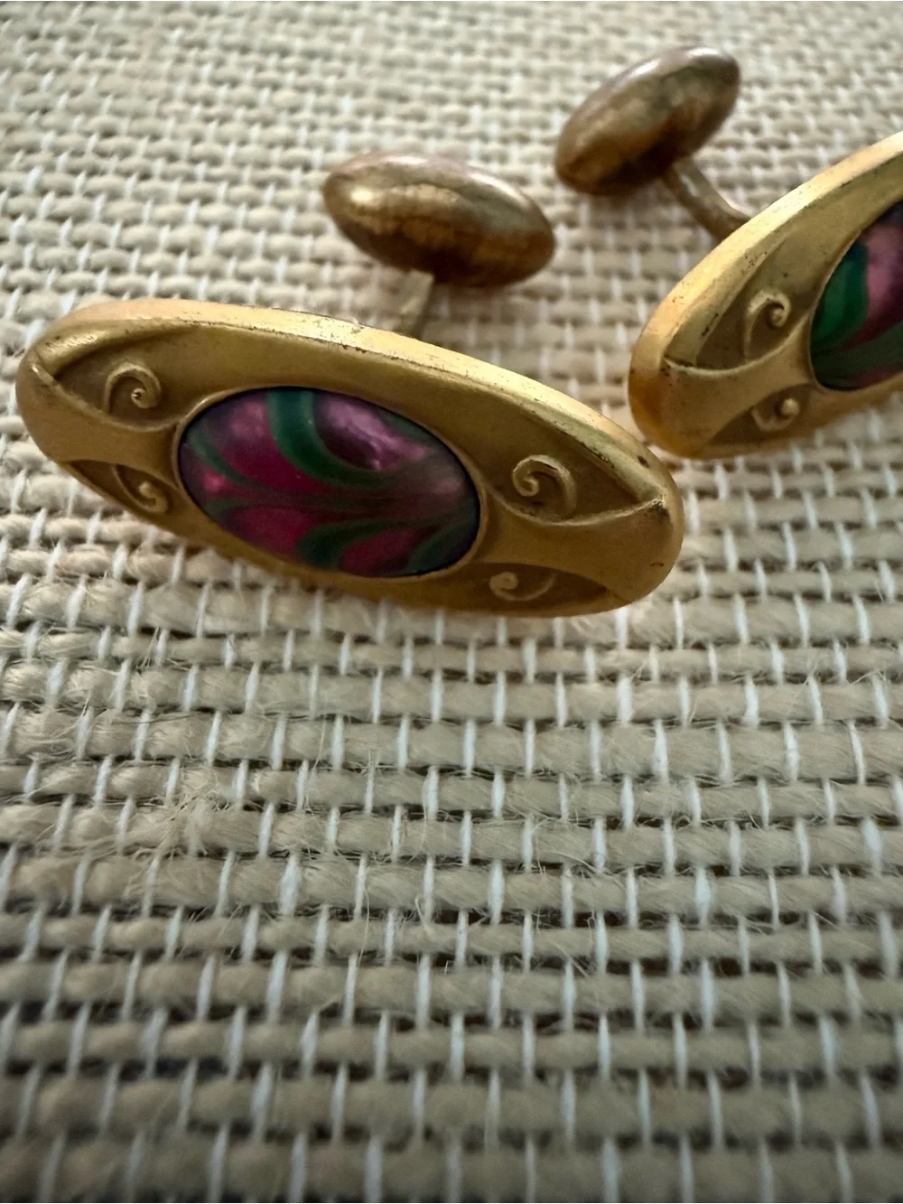 Vintage Oval Gold-Tone Cufflinks with Pink & Green Inset